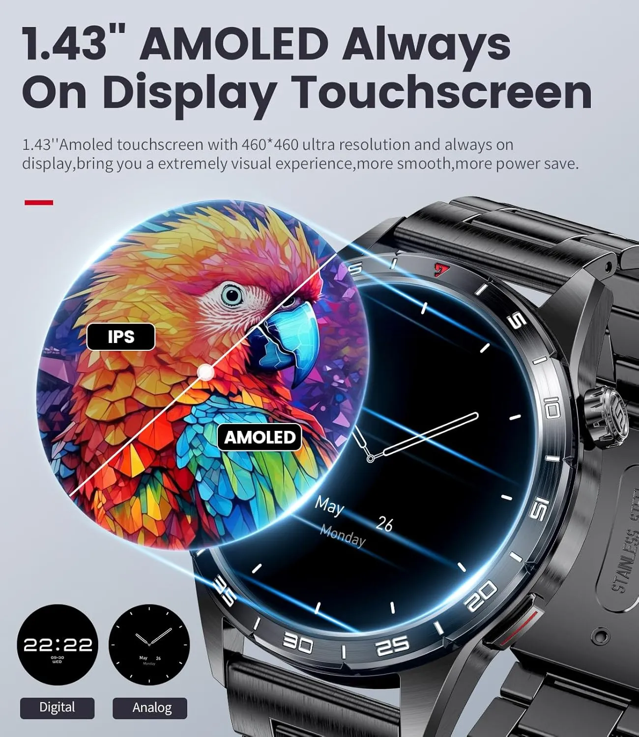 Smart Watch for Men (3 Straps),Answer/Make Calls,1.43'' AMOLED,IP68 Waterproof,110  Sports Modes Fitness Watch with Sleep Monitor/SpO2/Heart Rate/Pedometer Rugged Outdoor Smart Watch for Android/iOS