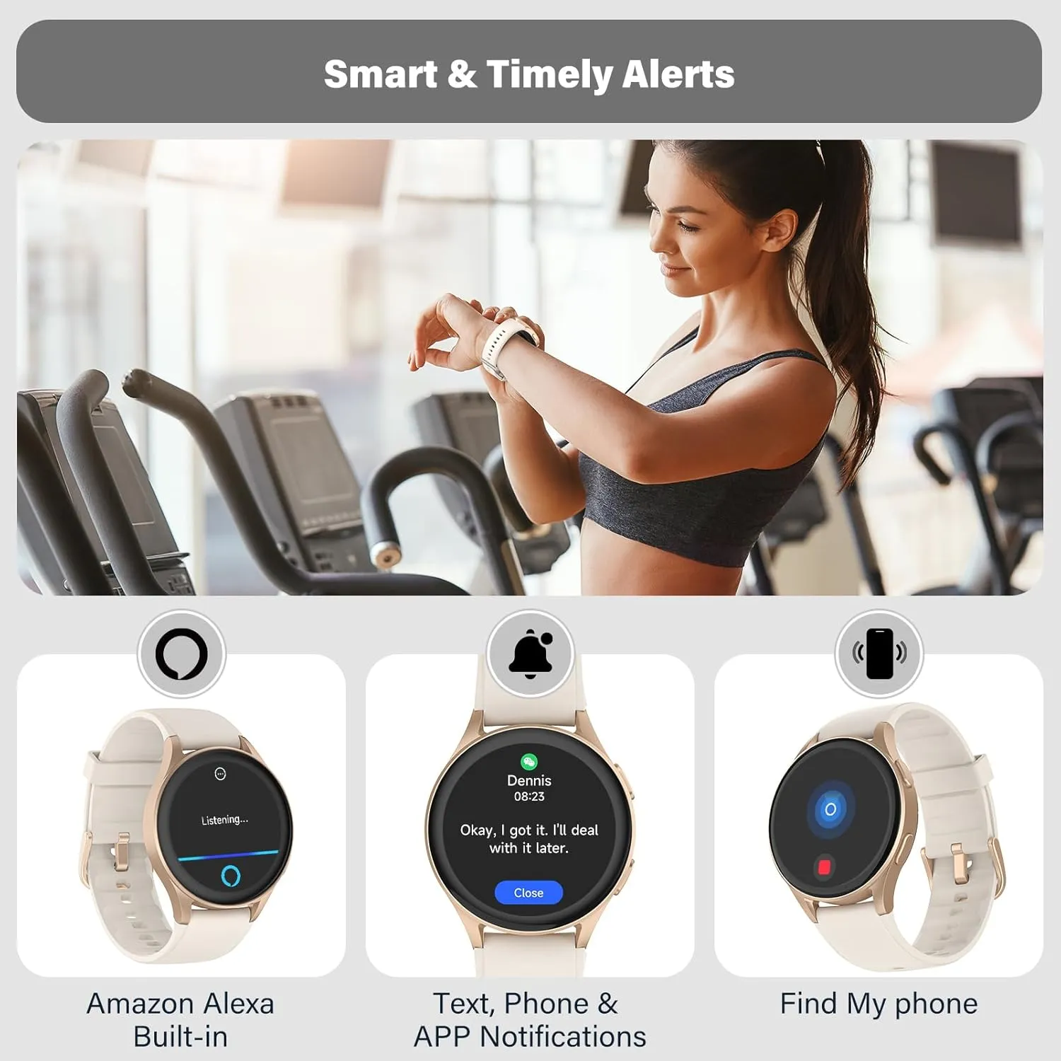 Smartwatch, Built-in Alexa, GPS, VO2 Max, HRV, Blood Oxygen, Sleep Monitoring, Women's Health, Custom Reminders, Sports Tracking, 1.32" AMOLED, Compass, Altimeter (Bluetooth, Gold, 43mm)