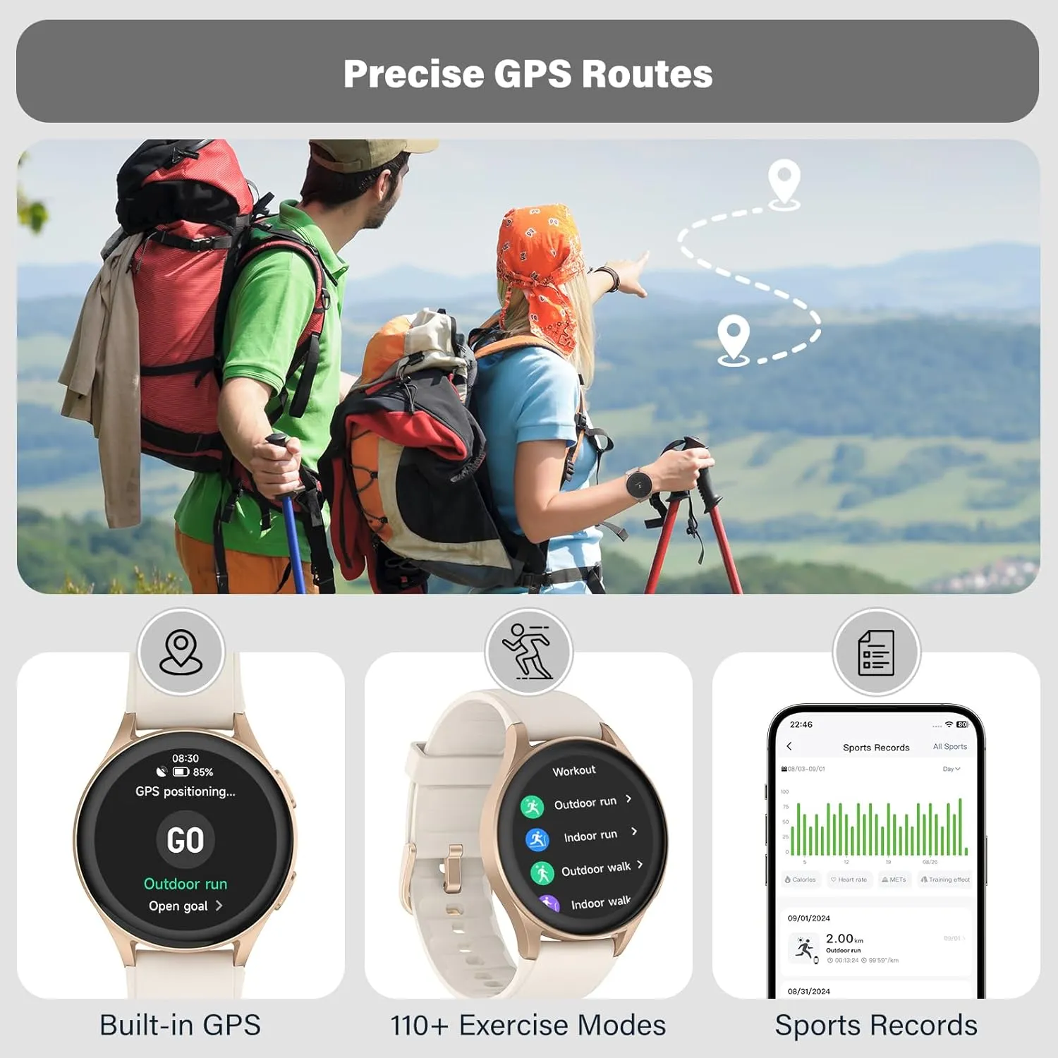 Smartwatch, Built-in Alexa, GPS, VO2 Max, HRV, Blood Oxygen, Sleep Monitoring, Women's Health, Custom Reminders, Sports Tracking, 1.32" AMOLED, Compass, Altimeter (Bluetooth, Gold, 43mm)