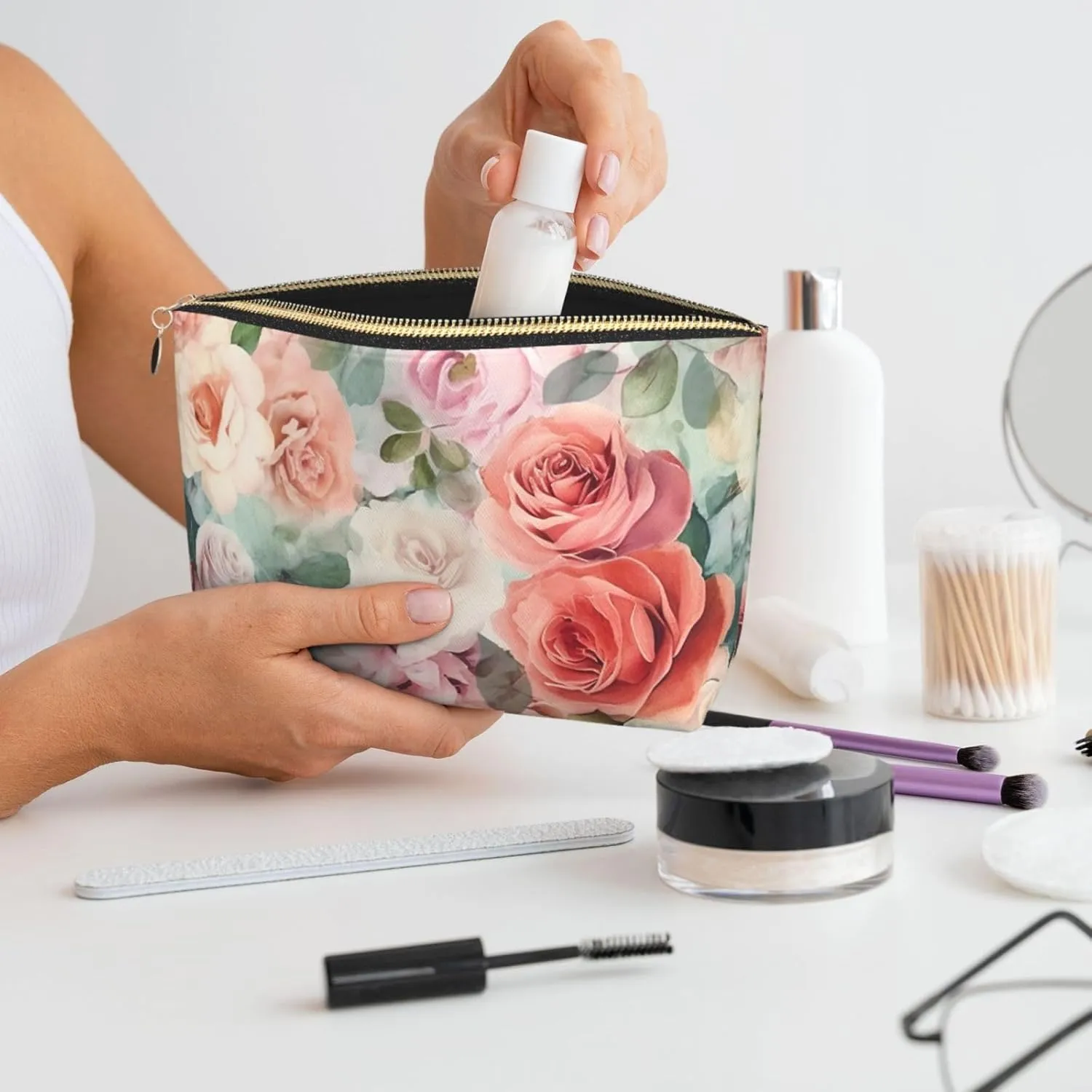 Soft Color Pale Faded Mix Of Roses Cosmetic Bag Pu Leather Waterproof Makeup Bag Portable Travel Toiletry Bag Organizer Gold Zipper Pouch For Women Ladies Gift
