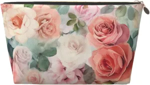 Soft Color Pale Faded Mix Of Roses Cosmetic Bag Pu Leather Waterproof Makeup Bag Portable Travel Toiletry Bag Organizer Gold Zipper Pouch For Women Ladies Gift