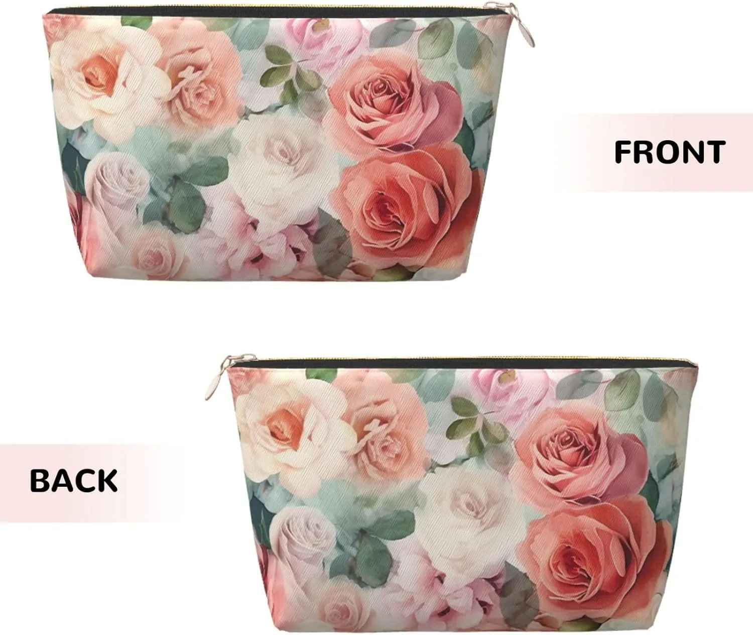Soft Color Pale Faded Mix Of Roses Cosmetic Bag Pu Leather Waterproof Makeup Bag Portable Travel Toiletry Bag Organizer Gold Zipper Pouch For Women Ladies Gift