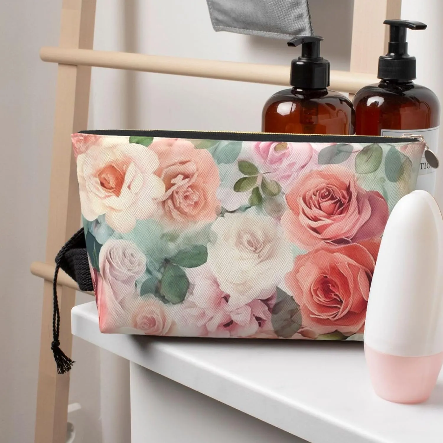 Soft Color Pale Faded Mix Of Roses Cosmetic Bag Pu Leather Waterproof Makeup Bag Portable Travel Toiletry Bag Organizer Gold Zipper Pouch For Women Ladies Gift