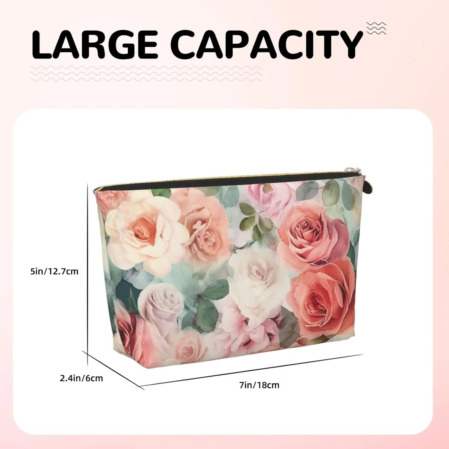 Soft Color Pale Faded Mix Of Roses Cosmetic Bag Pu Leather Waterproof Makeup Bag Portable Travel Toiletry Bag Organizer Gold Zipper Pouch For Women Ladies Gift