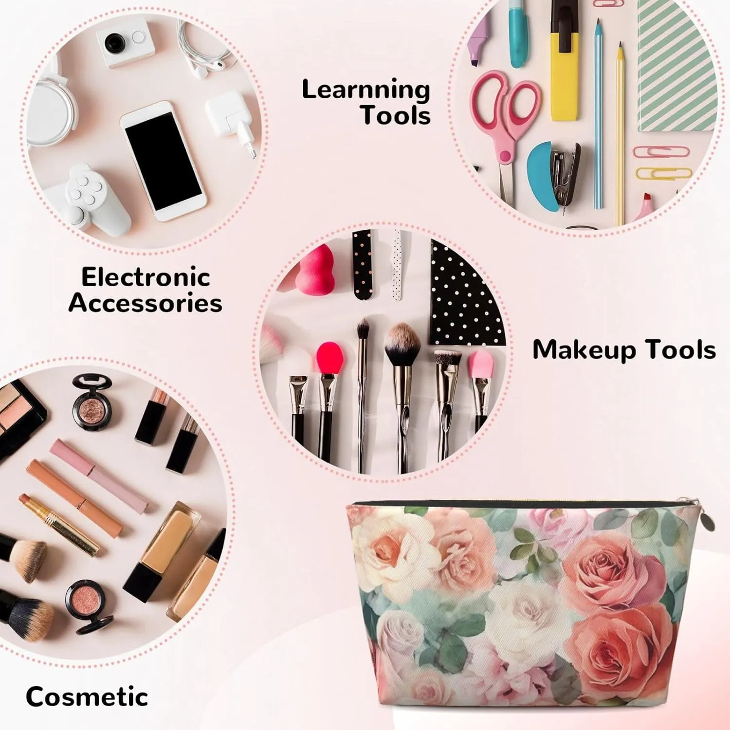 Soft Color Pale Faded Mix Of Roses Cosmetic Bag Pu Leather Waterproof Makeup Bag Portable Travel Toiletry Bag Organizer Gold Zipper Pouch For Women Ladies Gift