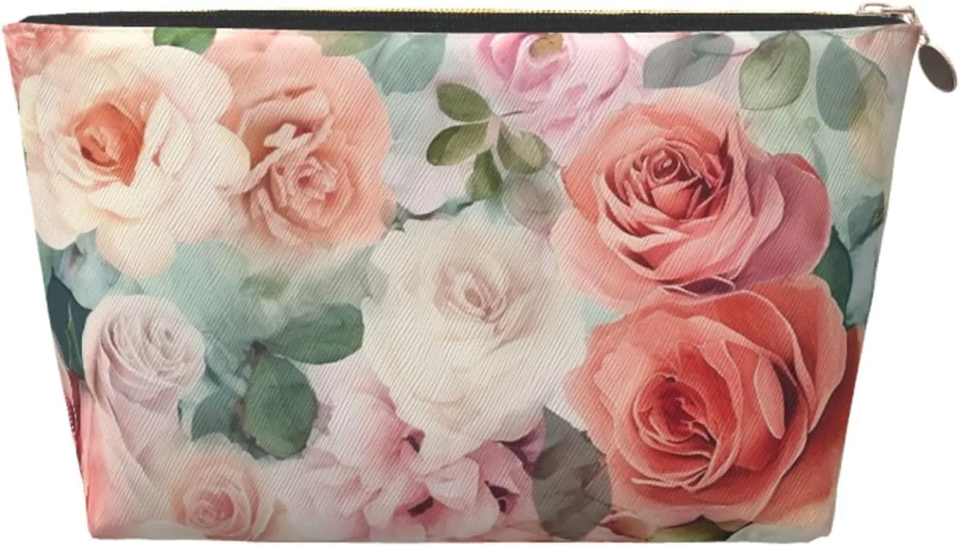 Soft Color Pale Faded Mix Of Roses Cosmetic Bag Pu Leather Waterproof Makeup Bag Portable Travel Toiletry Bag Organizer Gold Zipper Pouch For Women Ladies Gift
