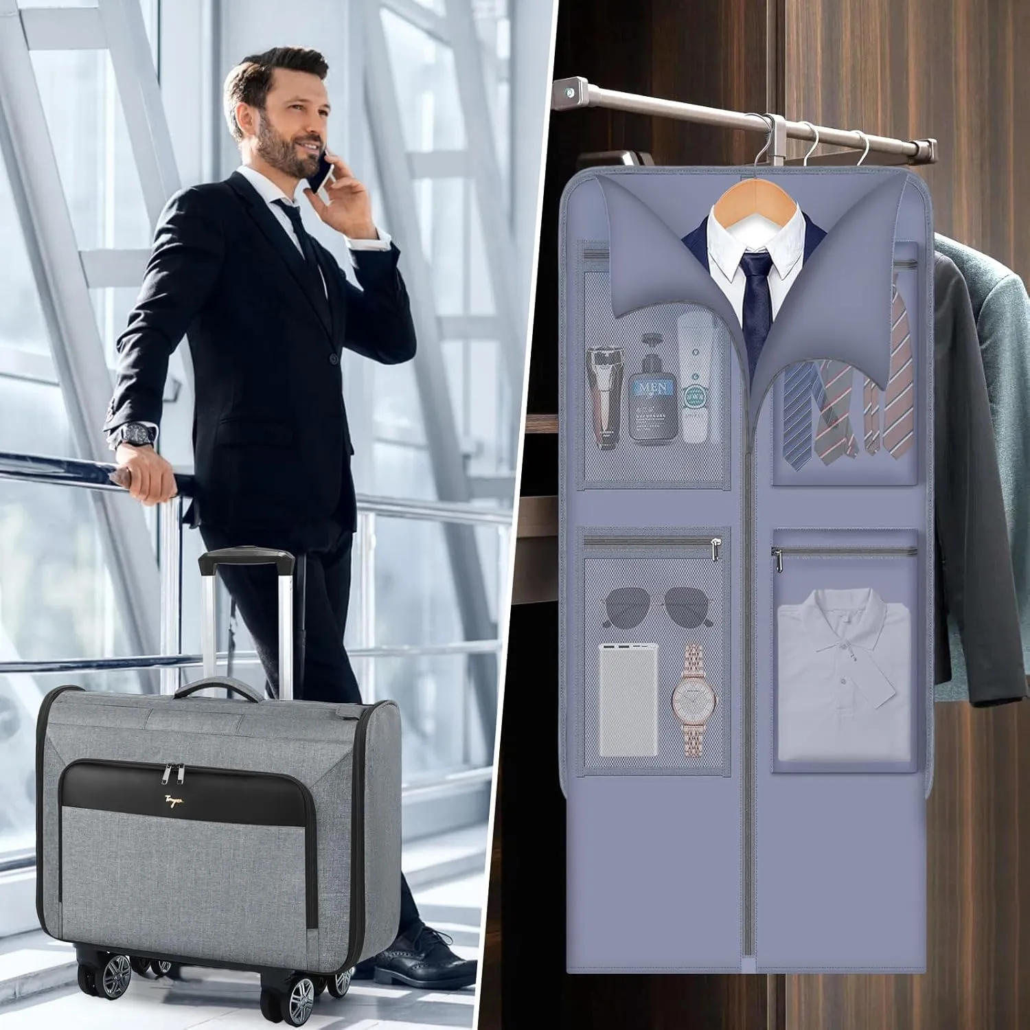 Softside Rolling Garment Bag,3 in 1Wheeled Garment Bags for Travel with Wheels,Upgraded Zipper Duffle Bag Suitcase with Handle,Large Convertible Carry On Travel Bag for Men Women,Grey