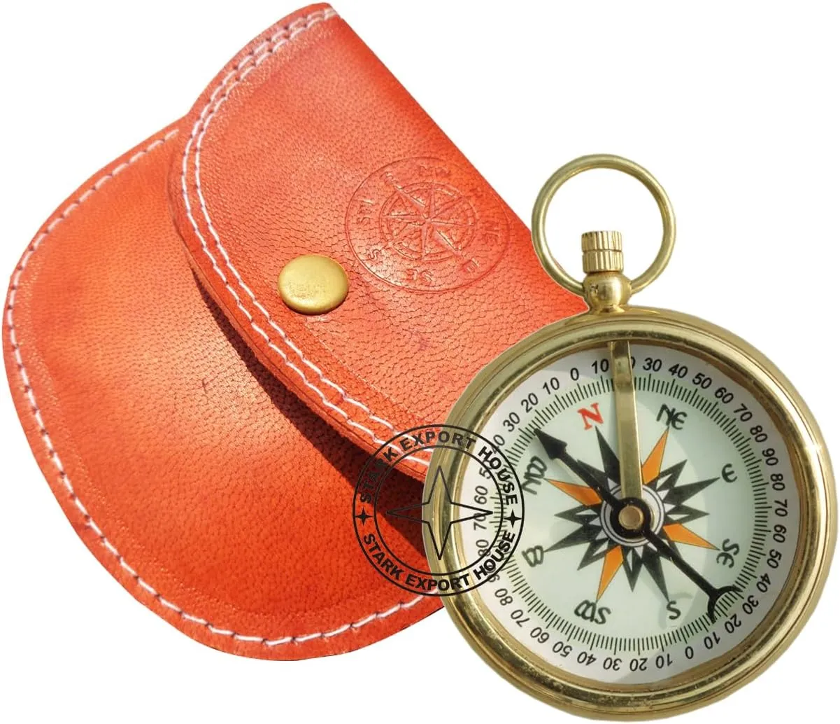 Solid Brass 2 Inch Sundial Compass for Outdoor Activities Camping Hiking with Leather Case (HYTR)