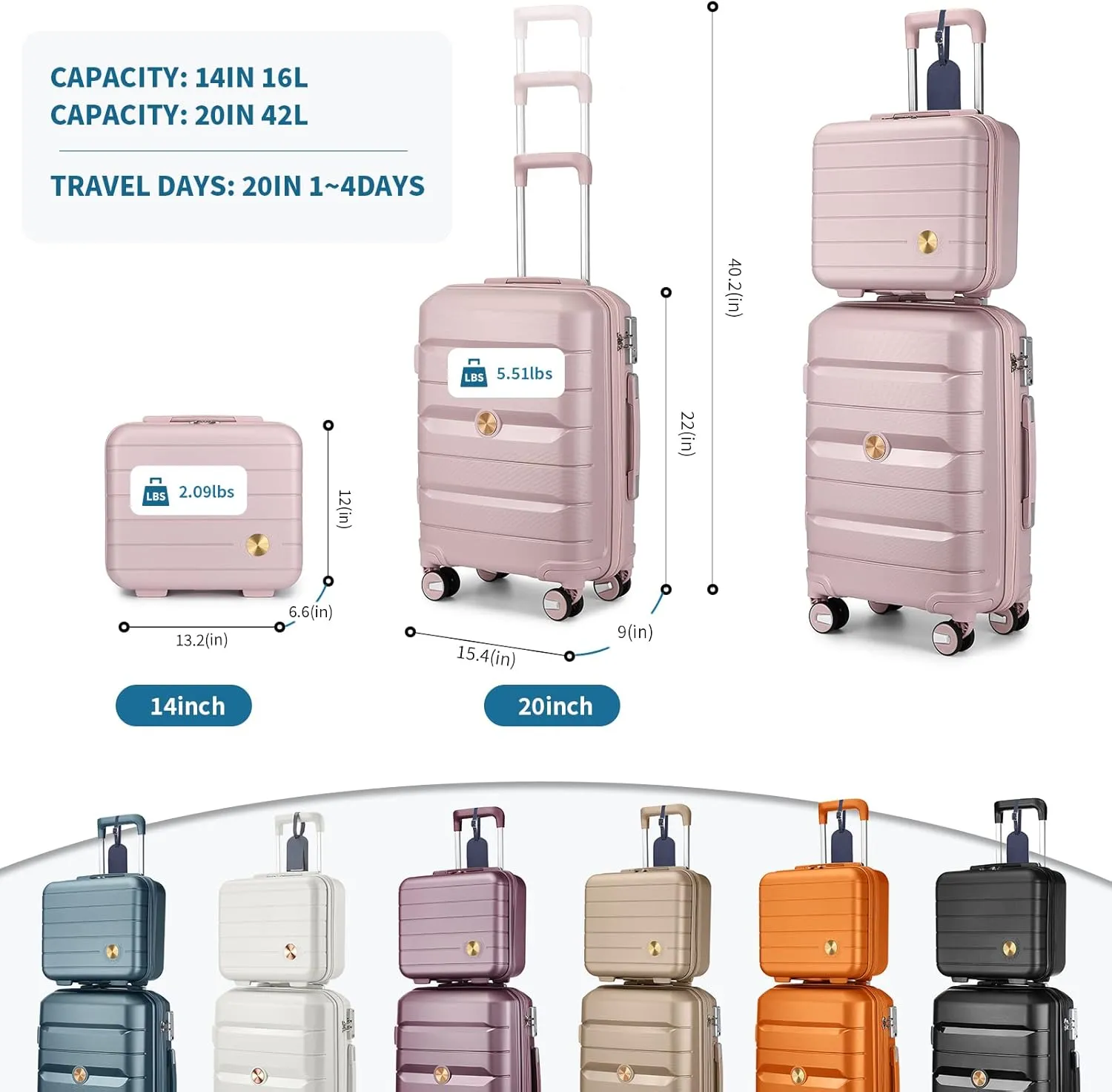 Somago 20" Carry On Luggage and 14" Mini Cosmetic Cases Travel Set Lightweight Polypropylene Suitcase with TSA Lock YKK Zipper Hardside Luggage with Spinner Wheels (2 Piece Set, Nude Pink)