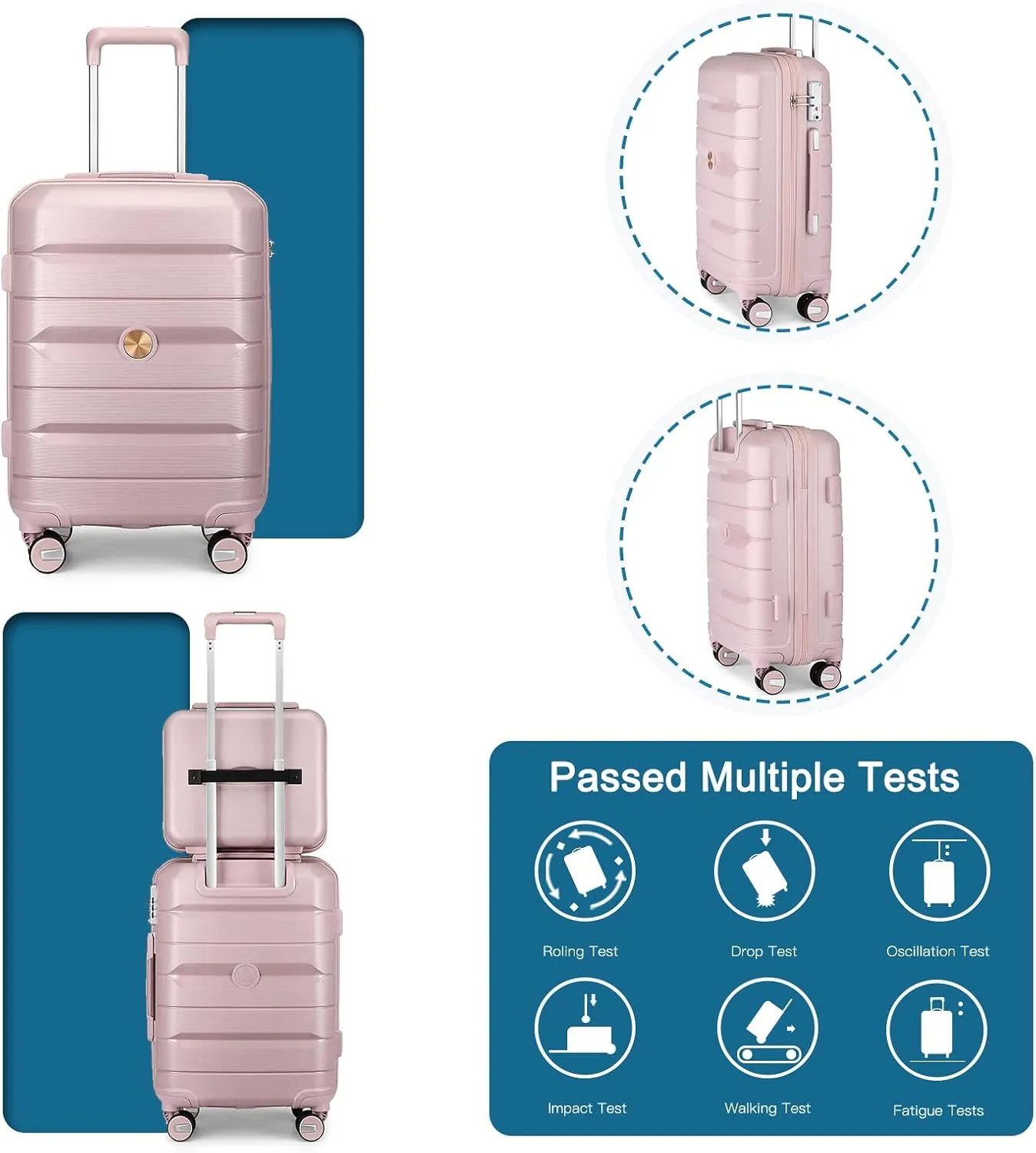 Somago 20" Carry On Luggage and 14" Mini Cosmetic Cases Travel Set Lightweight Polypropylene Suitcase with TSA Lock YKK Zipper Hardside Luggage with Spinner Wheels (2 Piece Set, Nude Pink)