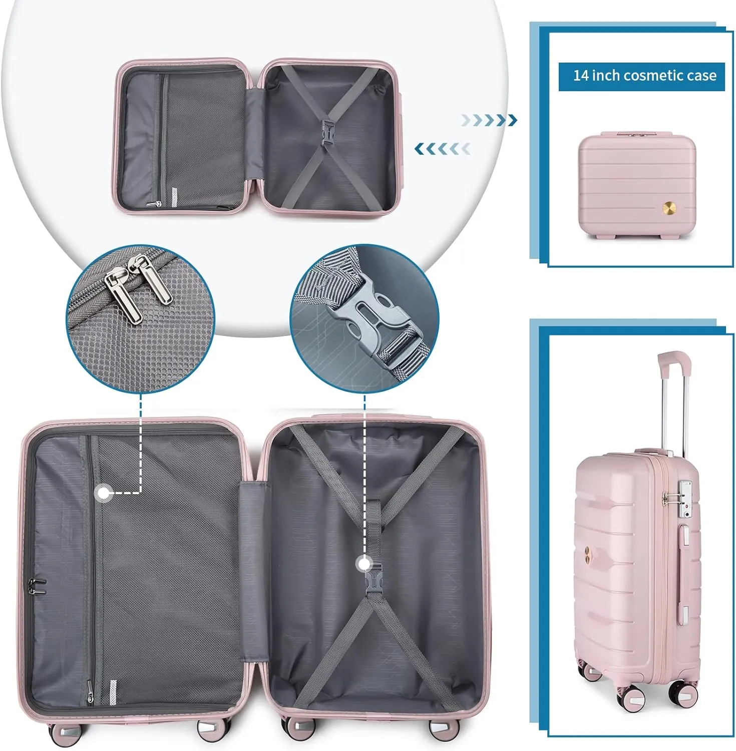 Somago 20" Carry On Luggage and 14" Mini Cosmetic Cases Travel Set Lightweight Polypropylene Suitcase with TSA Lock YKK Zipper Hardside Luggage with Spinner Wheels (2 Piece Set, Nude Pink)