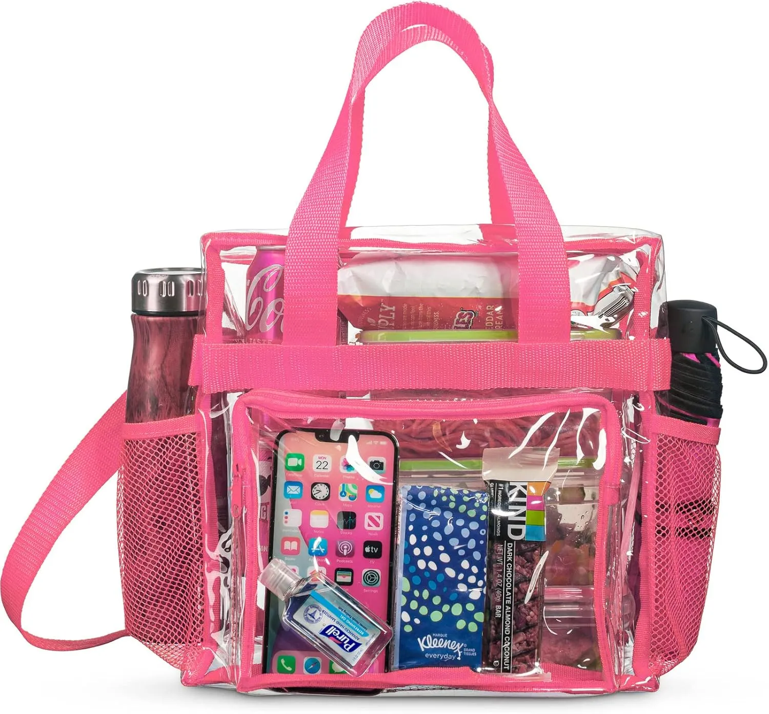 SP HOME GOODS Stadium Approved Clear lunch Bag [Large] with Adjustable Strap, Front Storage Compartment, and Mesh Pockets (Pink, Large)