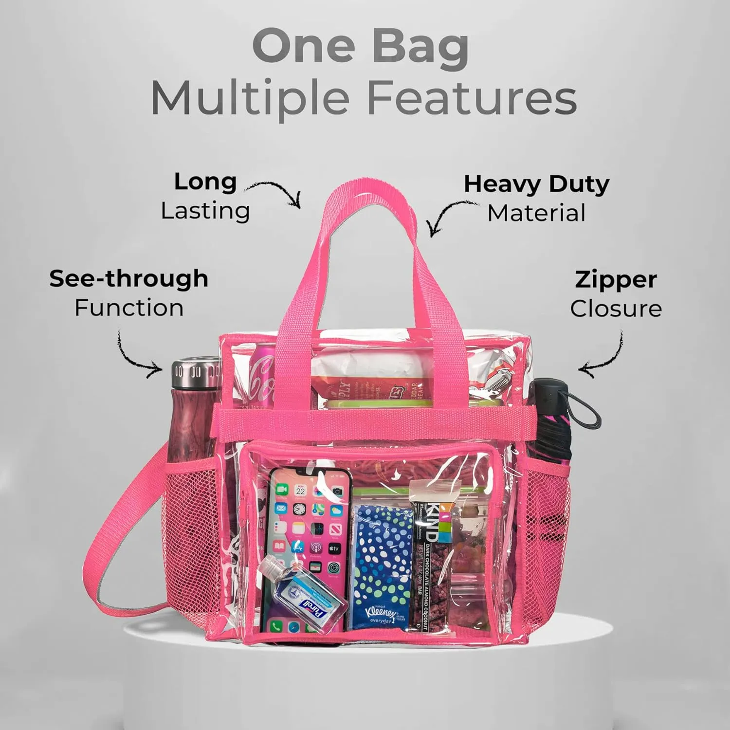 SP HOME GOODS Stadium Approved Clear lunch Bag [Large] with Adjustable Strap, Front Storage Compartment, and Mesh Pockets (Pink, Large)