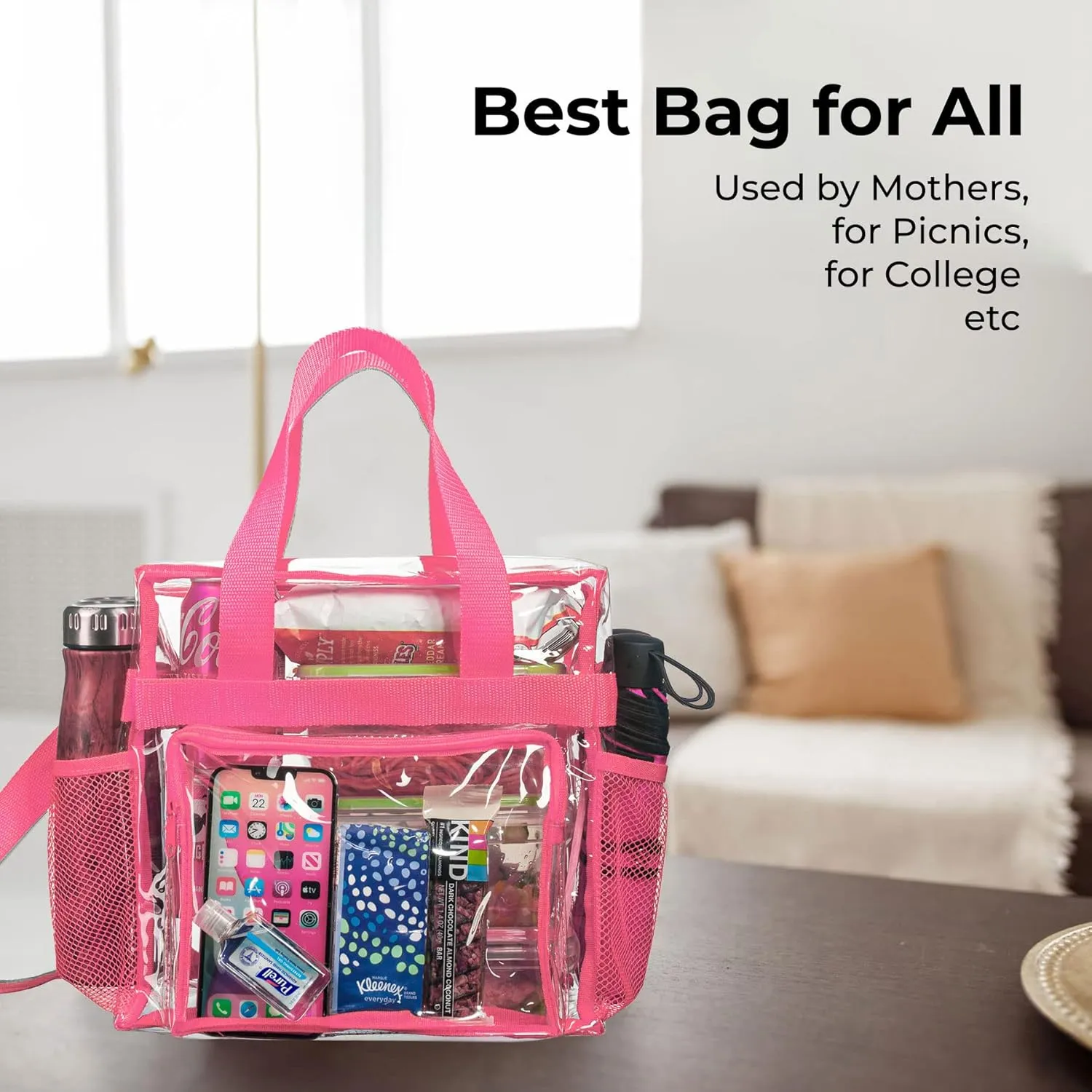 SP HOME GOODS Stadium Approved Clear lunch Bag [Large] with Adjustable Strap, Front Storage Compartment, and Mesh Pockets (Pink, Large)