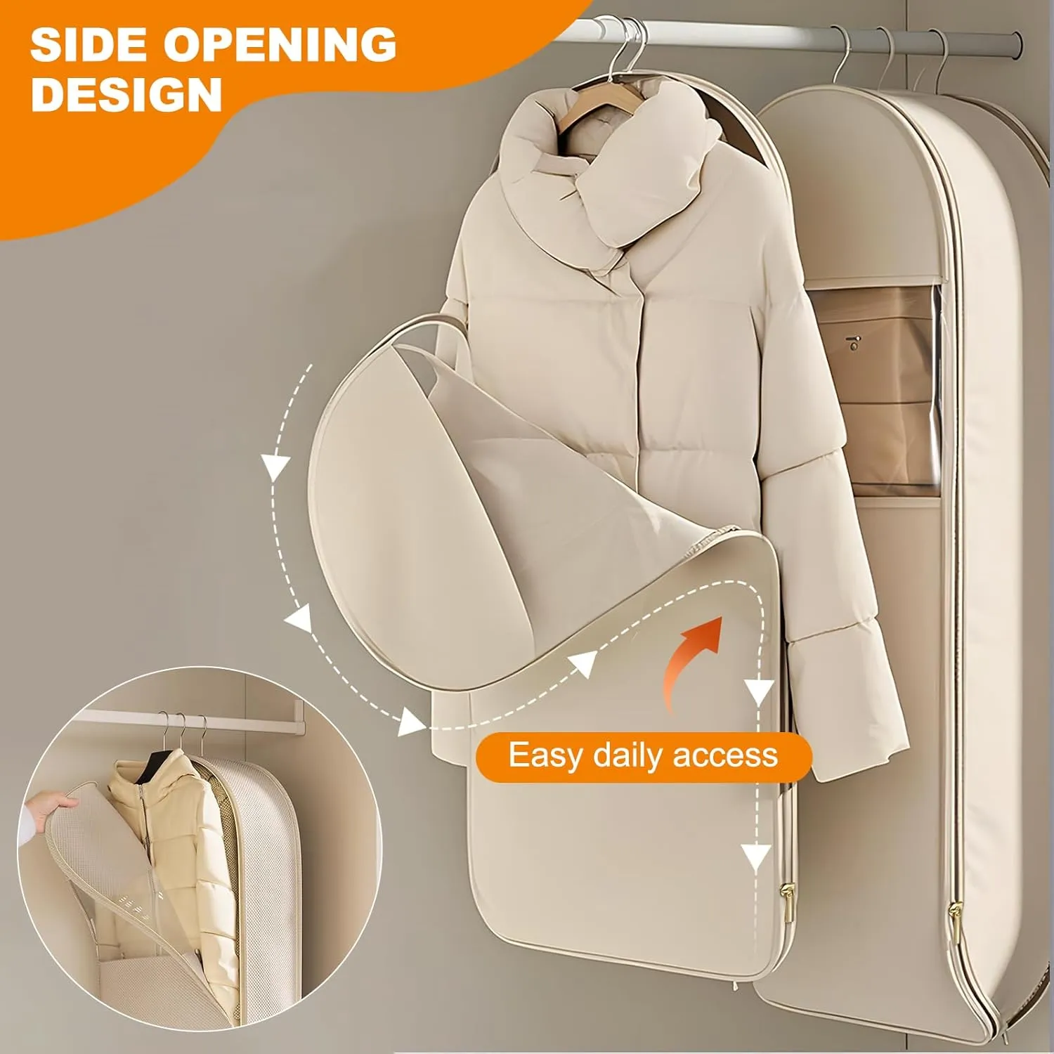 Space Saving Hanging Garment Bag with Self Compression Zipper, Space Saver Closet Organizers, Dust Cover Clothes Bags for Down Coat, Jackets, Shirts and Sweater (Beige, XL)