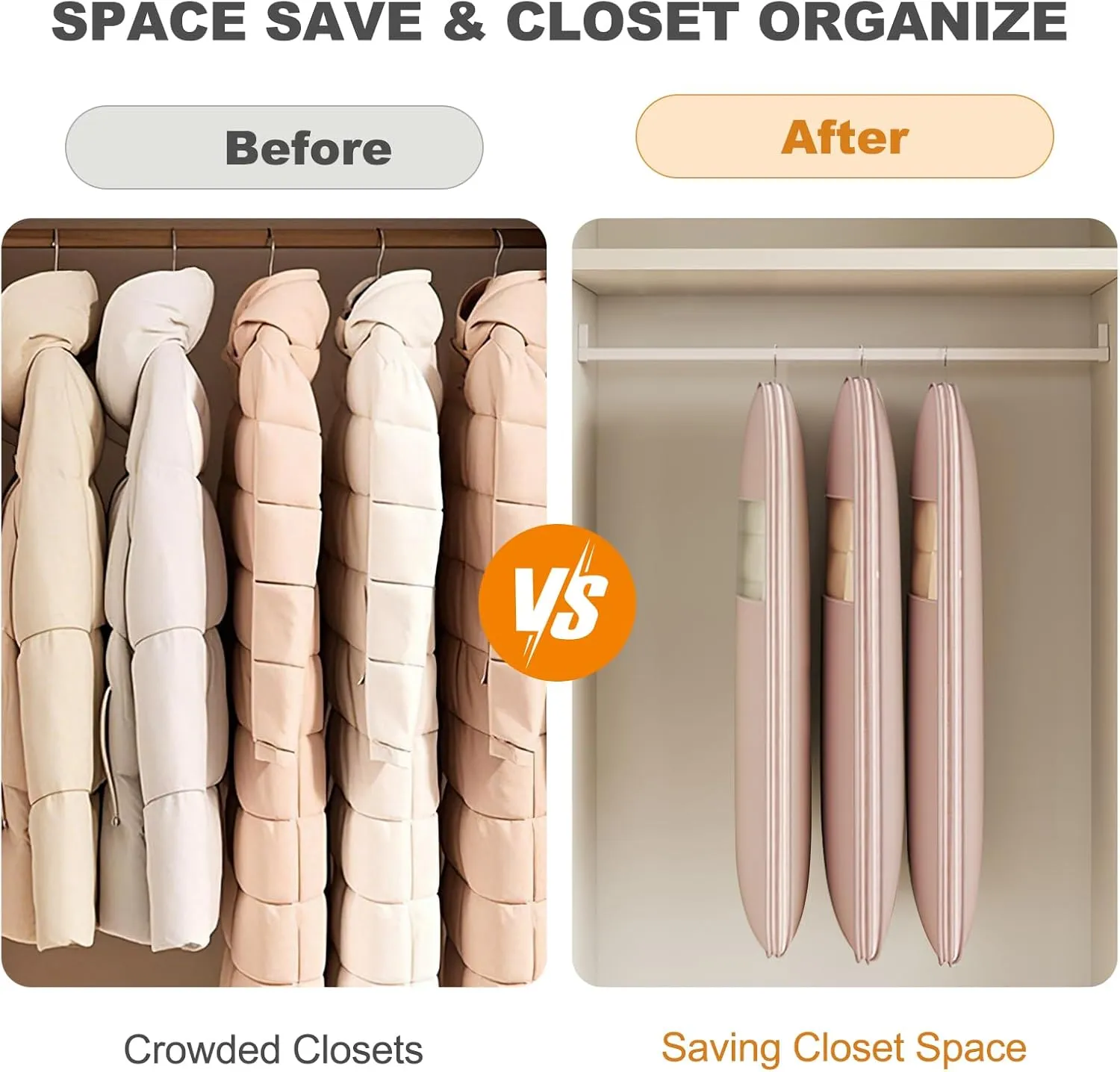 Space Saving Hanging Garment Bag with Self Compression Zipper, Space Saver Closet Organizers, Dust Cover Clothes Bags for Down Coat, Jackets, Shirts and Sweater (Beige, XL)