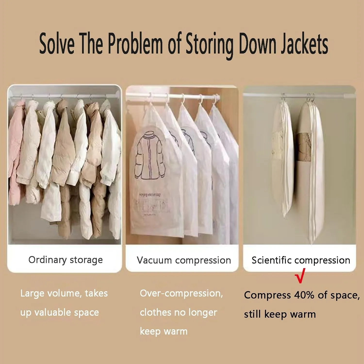 Space Saving Hanging Garment Bag with Self Compression Zipper, Space Saver Closet Organizers, Dust Cover Clothes Bags for Down Coat, Jackets, Shirts and Sweater (Beige, XL)