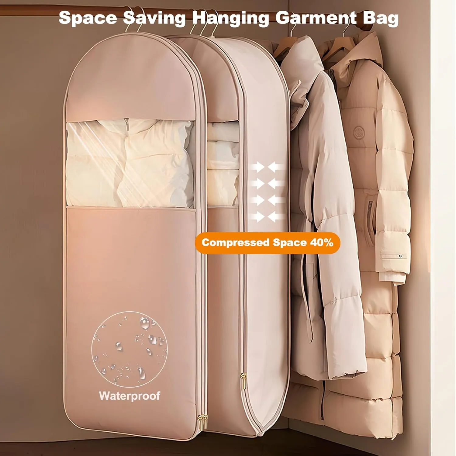 Space Saving Hanging Garment Bag with Self Compression Zipper, Space Saver Closet Organizers, Dust Cover Clothes Bags for Down Coat, Jackets, Shirts and Sweater (Beige, XL)