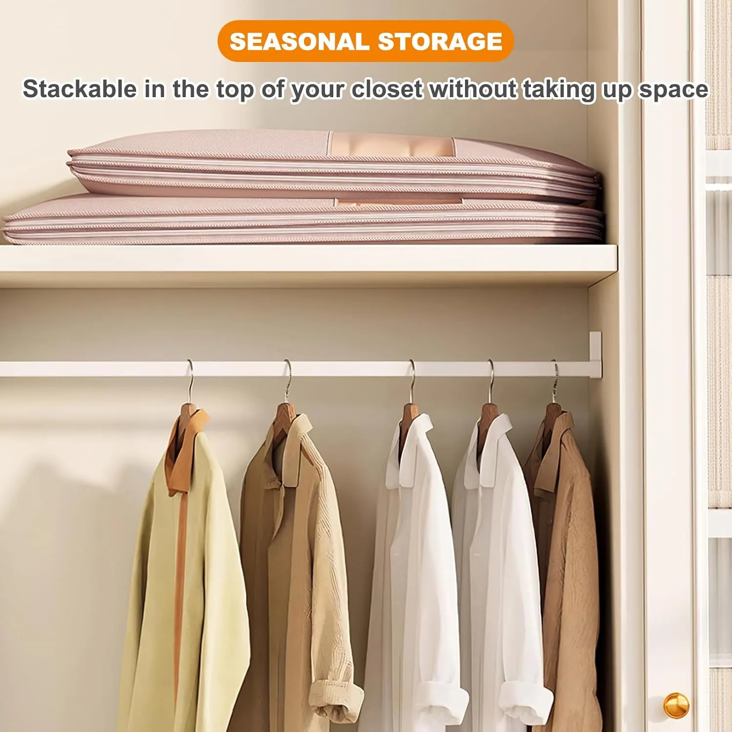 Space Saving Hanging Garment Bag with Self Compression Zipper, Space Saver Closet Organizers, Dust Cover Clothes Bags for Down Coat, Jackets, Shirts and Sweater (Beige, XL)
