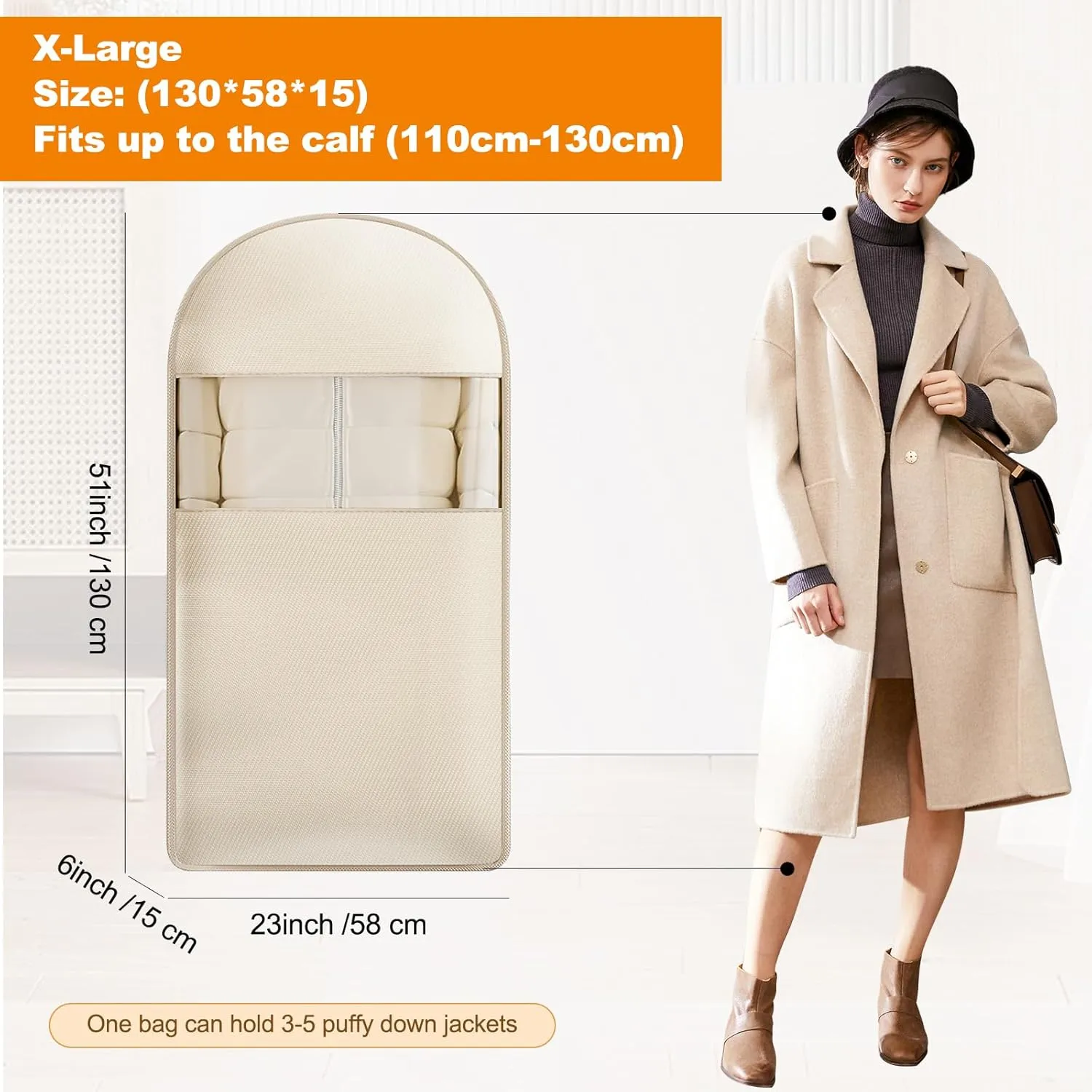Space Saving Hanging Garment Bag with Self Compression Zipper, Space Saver Closet Organizers, Dust Cover Clothes Bags for Down Coat, Jackets, Shirts and Sweater (Beige, XL)