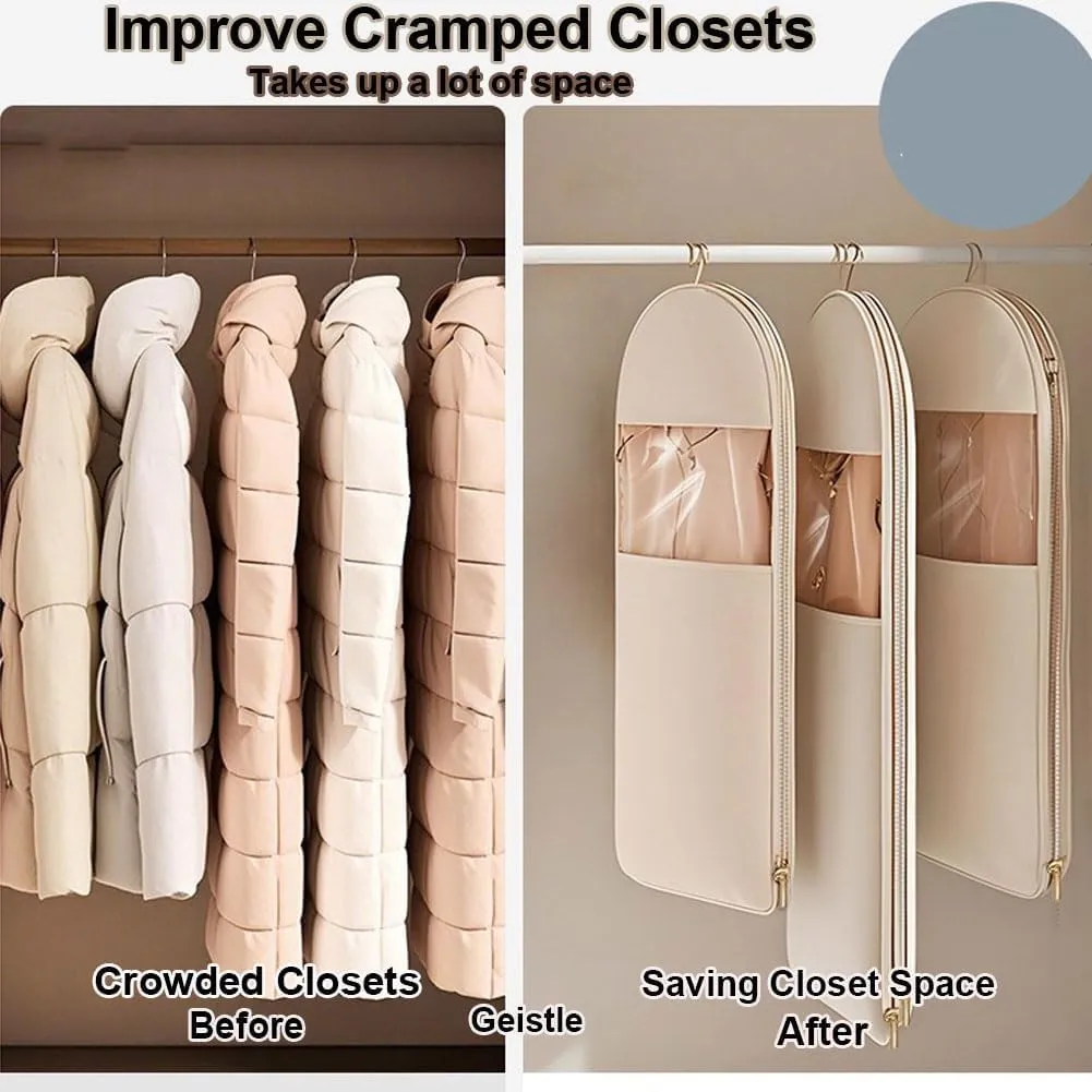 Space Saving Hanging Garment Bag with Self Compression Zipper, Space Saver Closet Organizers, Dust Cover Clothes Bags for Down Coat, Jackets, Shirts and Sweater (Beige, XL)