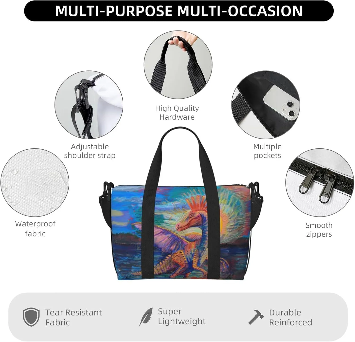 Spinosaurus print Travel Duffel Bag, Sports Tote Gym Bag, Swim Pool Bag Large Shoulder Tote Bag for Beach Weekender