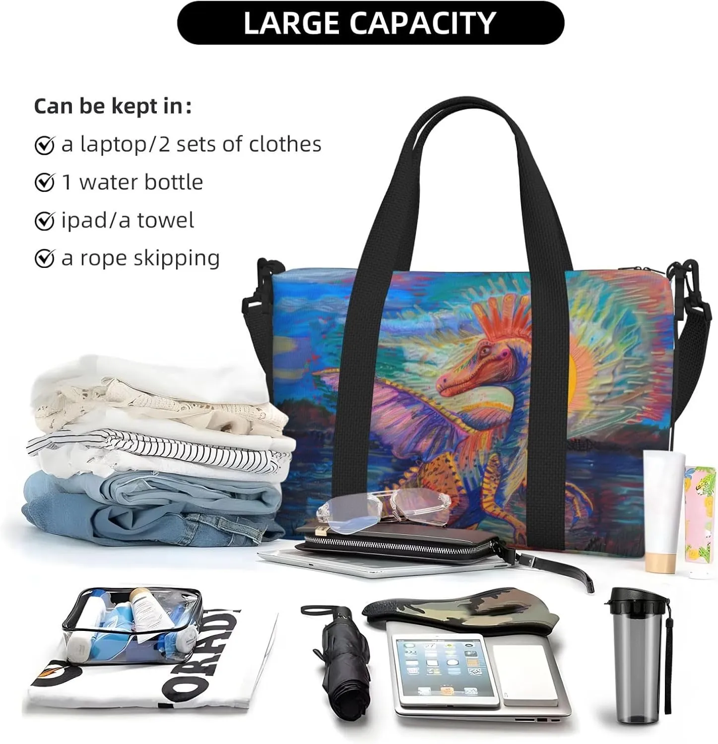 Spinosaurus print Travel Duffel Bag, Sports Tote Gym Bag, Swim Pool Bag Large Shoulder Tote Bag for Beach Weekender