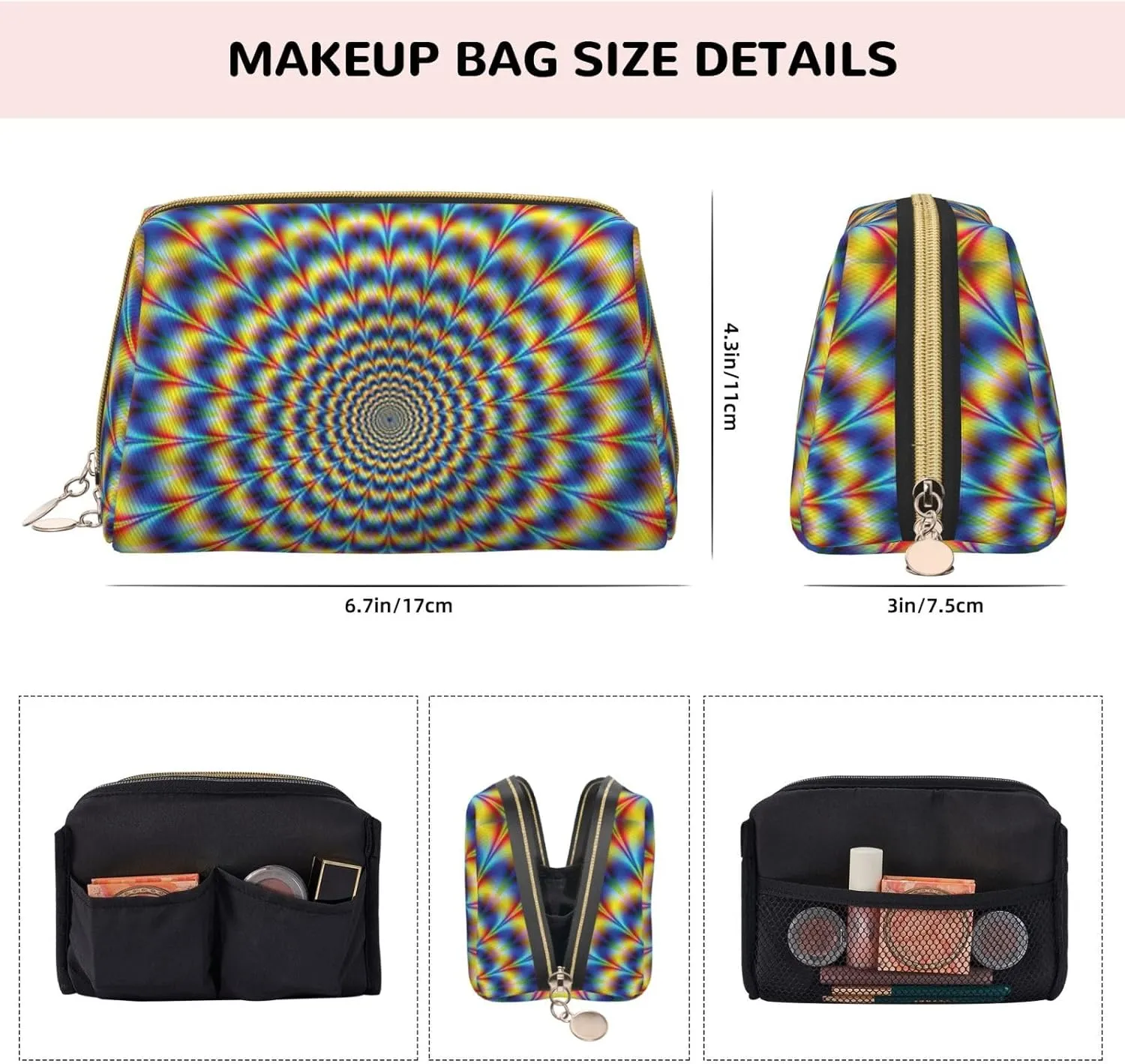 Spiral Optical Illusion Gif Toiletry Pouch, Travel-Friendly Makeup Organizer For Makeup Brushes, Lipsticks