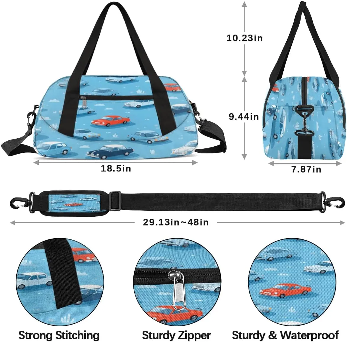 Sport Duffel Bag Cute Cars Kids Gym Bag Weekender Overnight Bags for Boys Girls Teens Carry On Workout Travel Bag