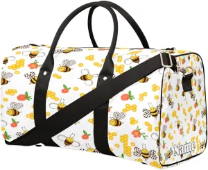 Sports Gym Duffel Bag Customized Name for Women & Men, Cute Bee Waterproof Tote Beach Bag Foldable Personal Item Travel Bag for Weekender Overnight Dance Carry-On Bag