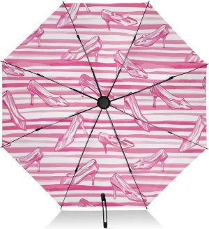 SPRIPORT Pink High Heels Stripe Portable Folding Umbrella for Rain Windproof Auto Open Close Umbrellas Strong Golf Umbrella for Car Backpack Travel