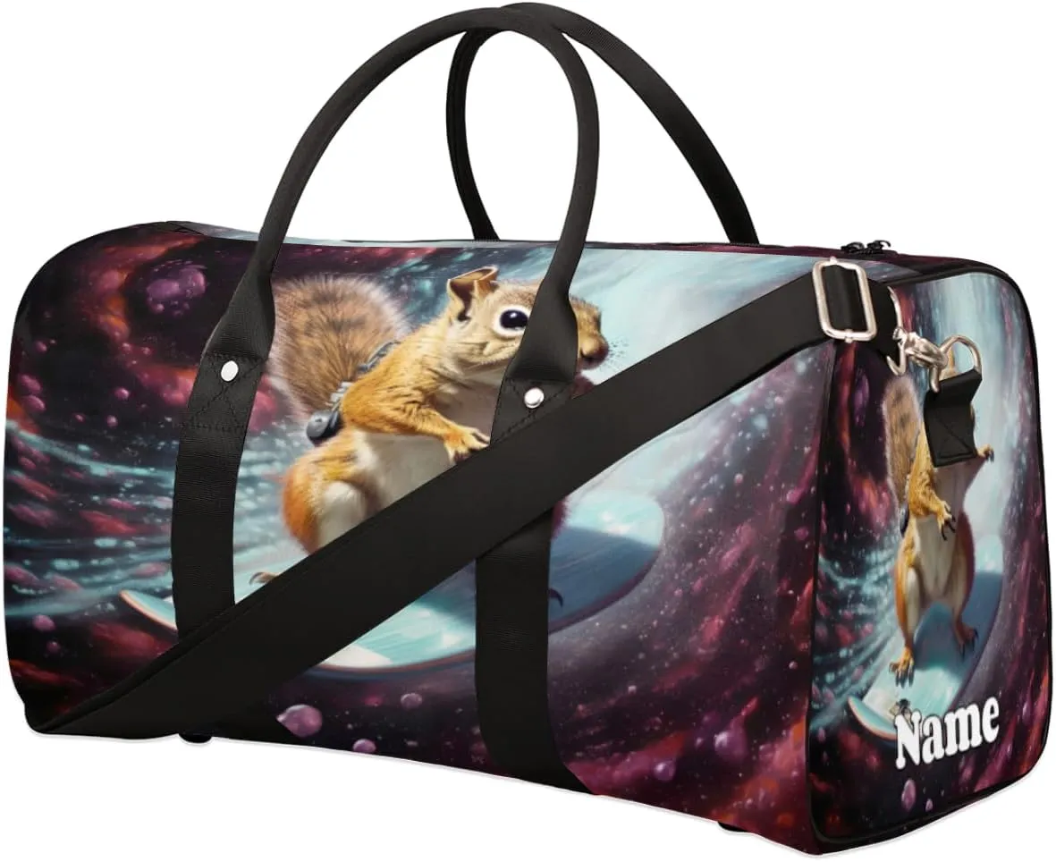 Squirrel Outer Space Galaxy Sports Tote Gym Duffel Bag Customized Name for Women & Men,Waterproof Beach Bag Foldable Personal Item Travel Bag for Weekender Overnight Dance Carry-On Bag