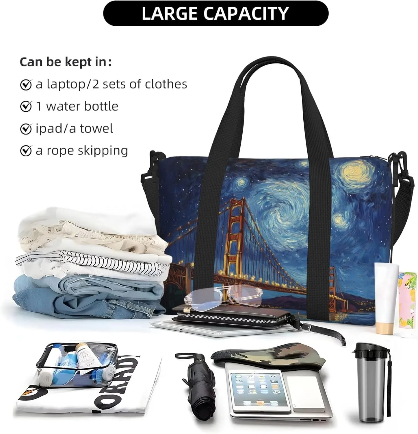Starry Night Bridge print Travel Duffel Bag, Sports Tote Gym Bag, Swim Pool Bag Large Shoulder Tote Bag for Beach Weekender