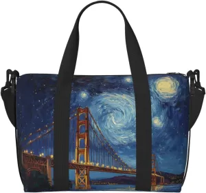 Starry Night Bridge print Travel Duffel Bag, Sports Tote Gym Bag, Swim Pool Bag Large Shoulder Tote Bag for Beach Weekender