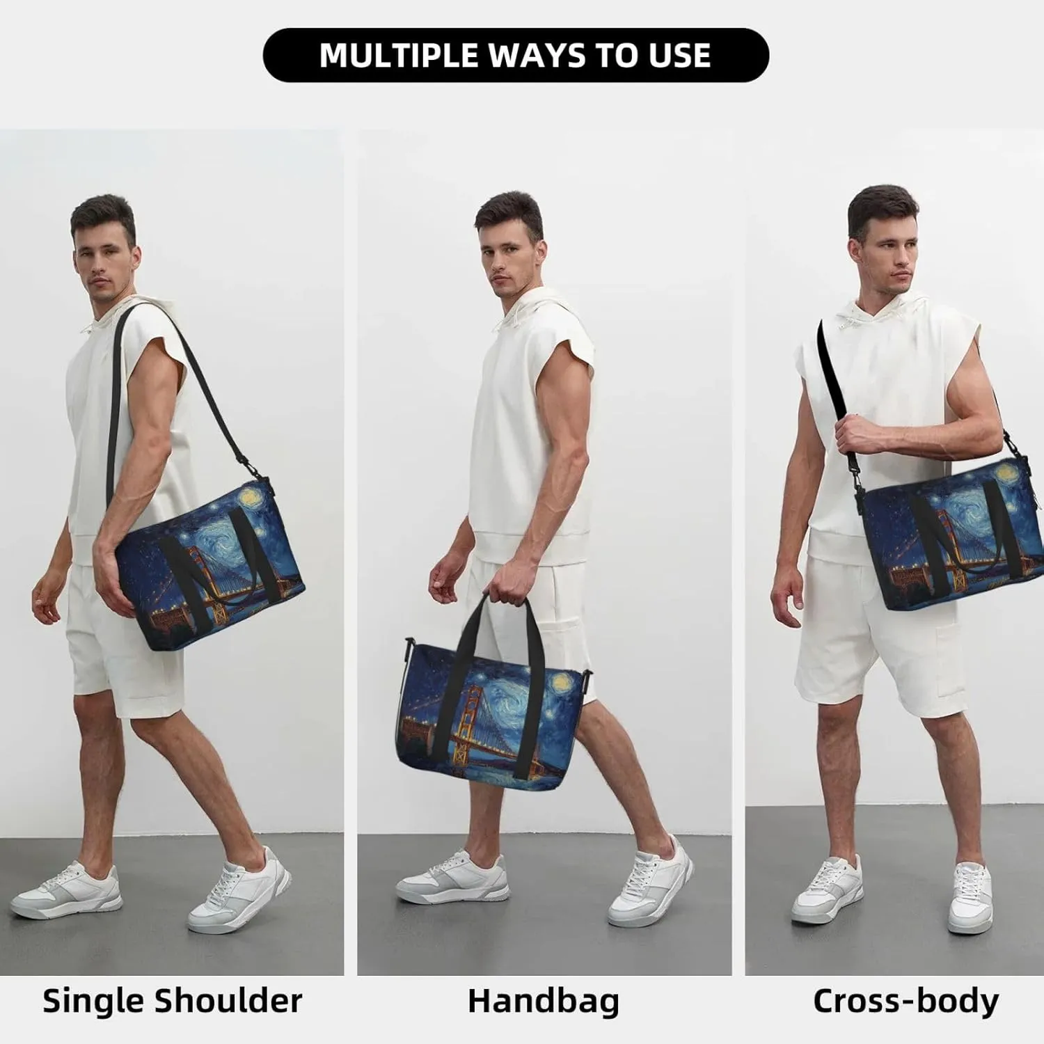 Starry Night Bridge print Travel Duffel Bag, Sports Tote Gym Bag, Swim Pool Bag Large Shoulder Tote Bag for Beach Weekender
