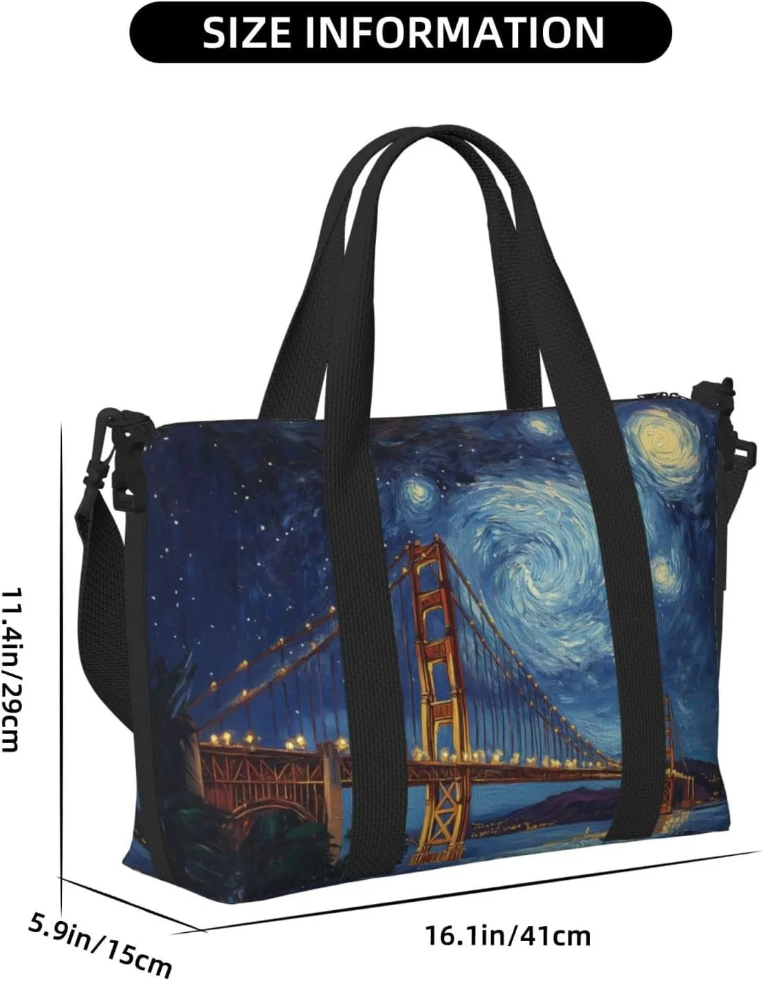 Starry Night Bridge print Travel Duffel Bag, Sports Tote Gym Bag, Swim Pool Bag Large Shoulder Tote Bag for Beach Weekender