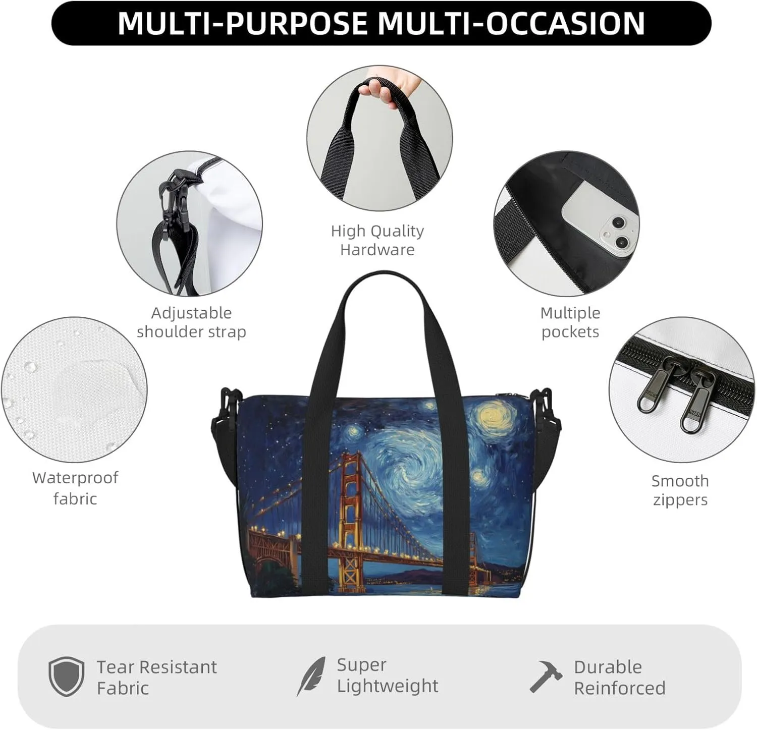 Starry Night Bridge print Travel Duffel Bag, Sports Tote Gym Bag, Swim Pool Bag Large Shoulder Tote Bag for Beach Weekender