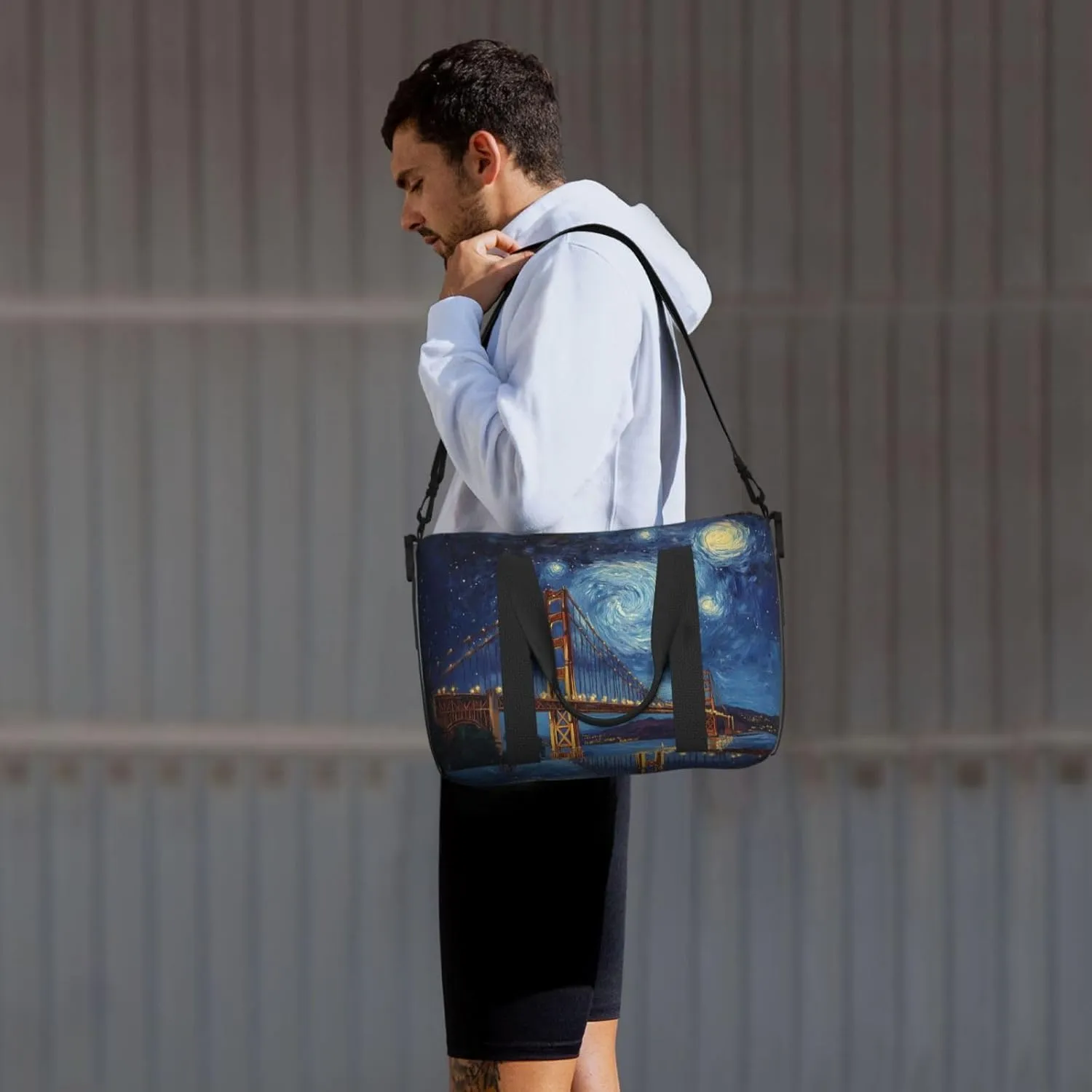Starry Night Bridge print Travel Duffel Bag, Sports Tote Gym Bag, Swim Pool Bag Large Shoulder Tote Bag for Beach Weekender