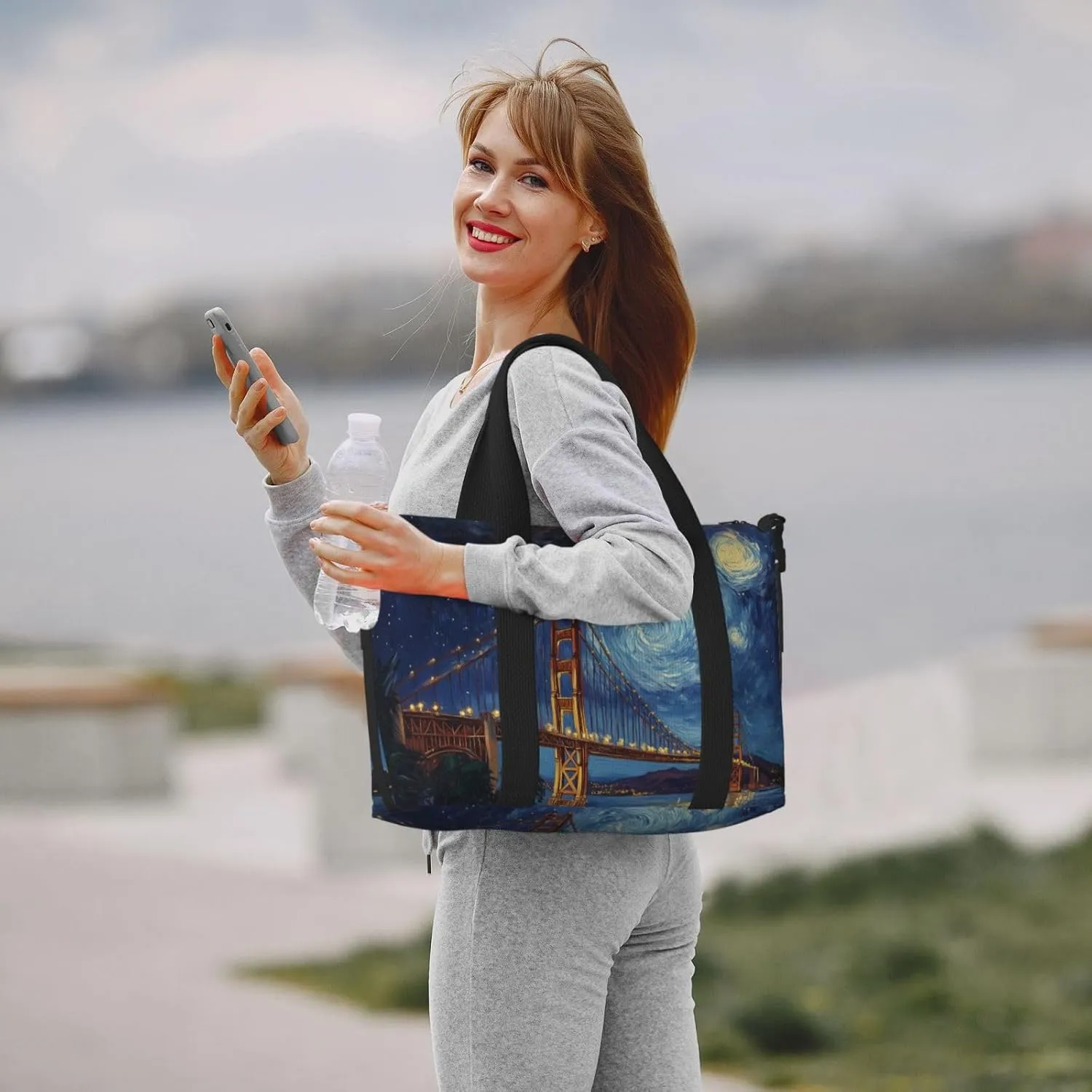 Starry Night Bridge print Travel Duffel Bag, Sports Tote Gym Bag, Swim Pool Bag Large Shoulder Tote Bag for Beach Weekender