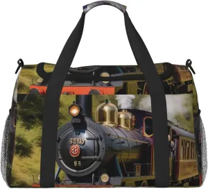 Steam Train Print Travel Duffle Bag - Foldable Personal Item Travel Bag for Women & Men,Carry-On Convertible Crossbody Tote Bags with Adjustable Shoulder Strap & Pockets 13x10.2x19.7 in