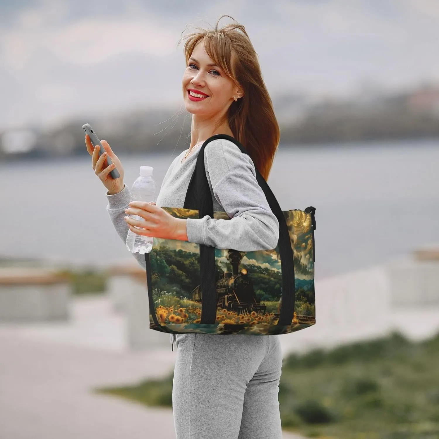 steamtrain print Travel Duffel Bag, Sports Tote Gym Bag, Swim Pool Bag Large Shoulder Tote Bag for Beach Weekender