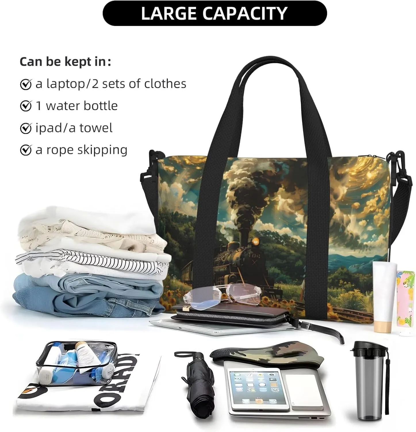 steamtrain print Travel Duffel Bag, Sports Tote Gym Bag, Swim Pool Bag Large Shoulder Tote Bag for Beach Weekender