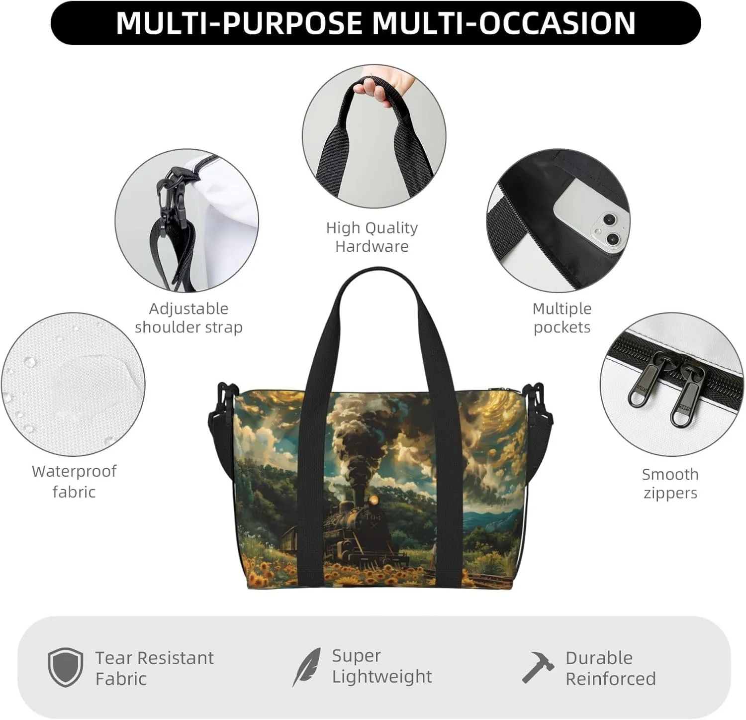 steamtrain print Travel Duffel Bag, Sports Tote Gym Bag, Swim Pool Bag Large Shoulder Tote Bag for Beach Weekender