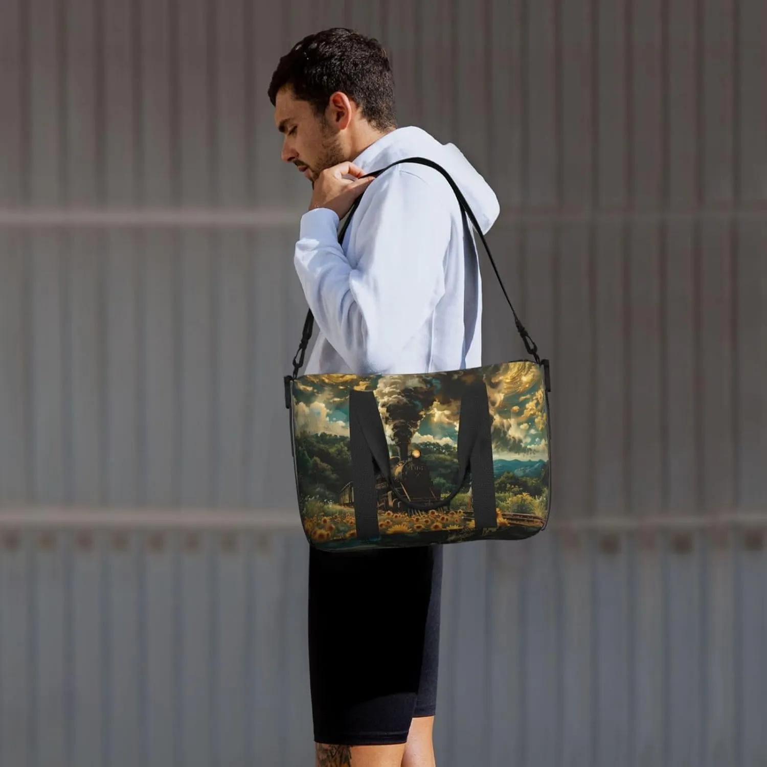 steamtrain print Travel Duffel Bag, Sports Tote Gym Bag, Swim Pool Bag Large Shoulder Tote Bag for Beach Weekender