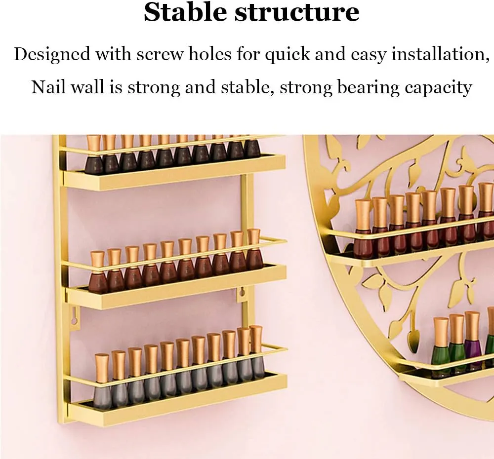 Storage Rack. Wall-Mounted 5-Layer Nail Polish Holder Essential Oil, Tree Silhouette Round Metal Salon Wall Hanging Art Display Stand,Lipstick Perfume Cosmetic, for Nail Salons/Retail Sho/Bla (White