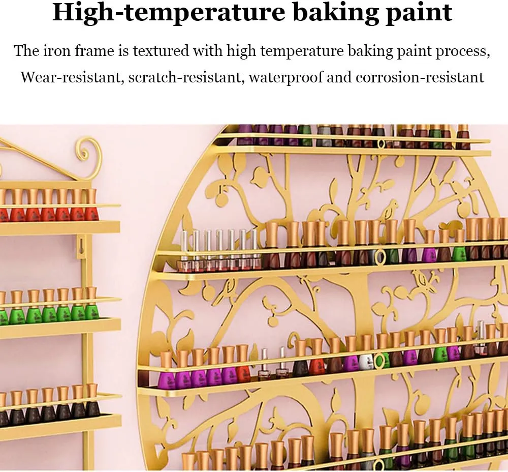 Storage Rack. Wall-Mounted 5-Layer Nail Polish Holder Essential Oil, Tree Silhouette Round Metal Salon Wall Hanging Art Display Stand,Lipstick Perfume Cosmetic, for Nail Salons/Retail Sho/Bla (White