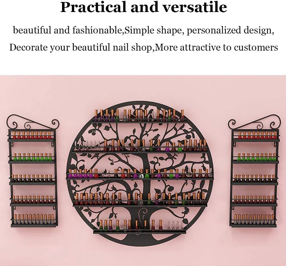 Storage Rack. Wall-Mounted 5-Layer Nail Polish Holder Essential Oil, Tree Silhouette Round Metal Salon Wall Hanging Art Display Stand,Lipstick Perfume Cosmetic, for Nail Salons/Retail Sho/Bla (White