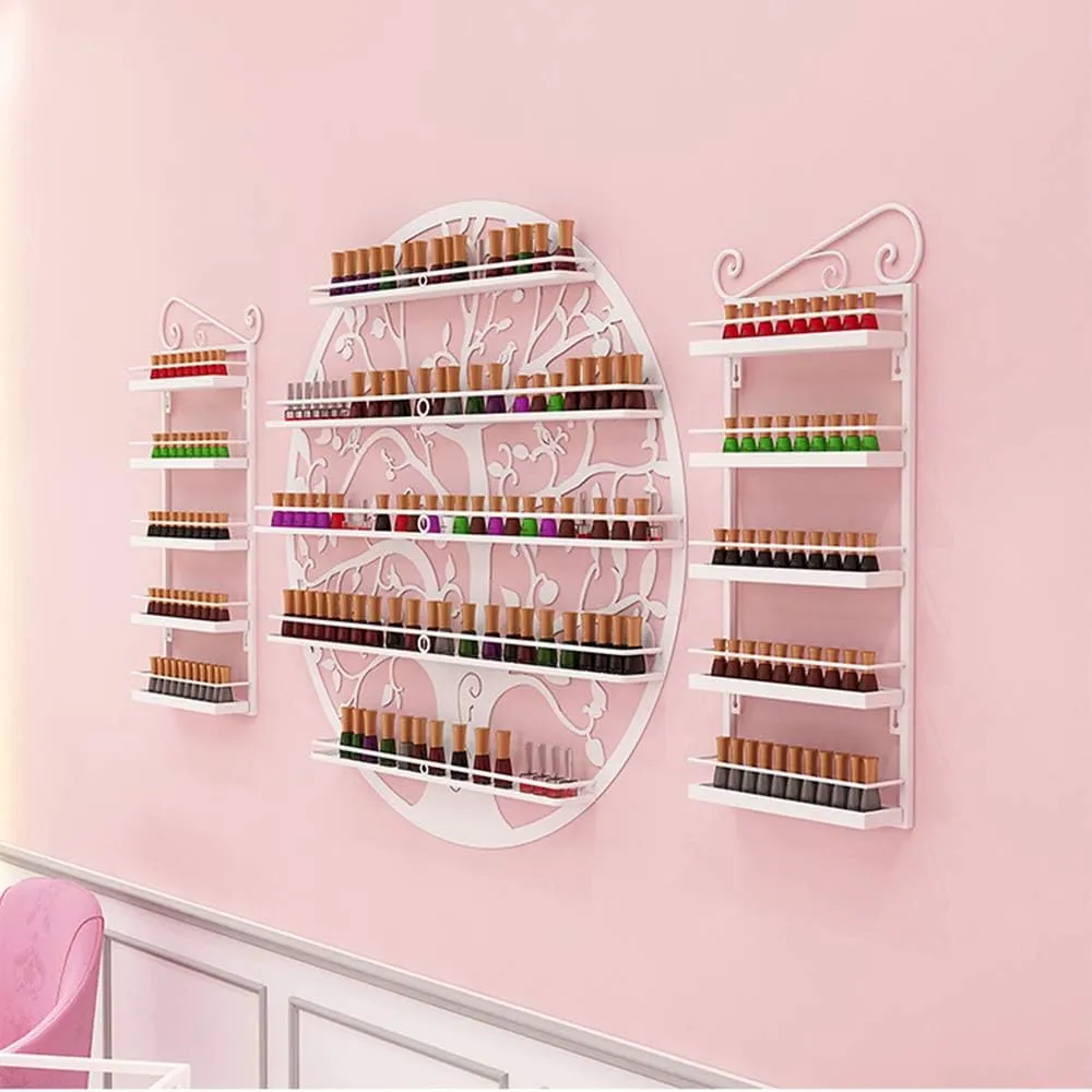 Storage Rack. Wall-Mounted 5-Layer Nail Polish Holder Essential Oil, Tree Silhouette Round Metal Salon Wall Hanging Art Display Stand,Lipstick Perfume Cosmetic, for Nail Salons/Retail Sho/Bla (White