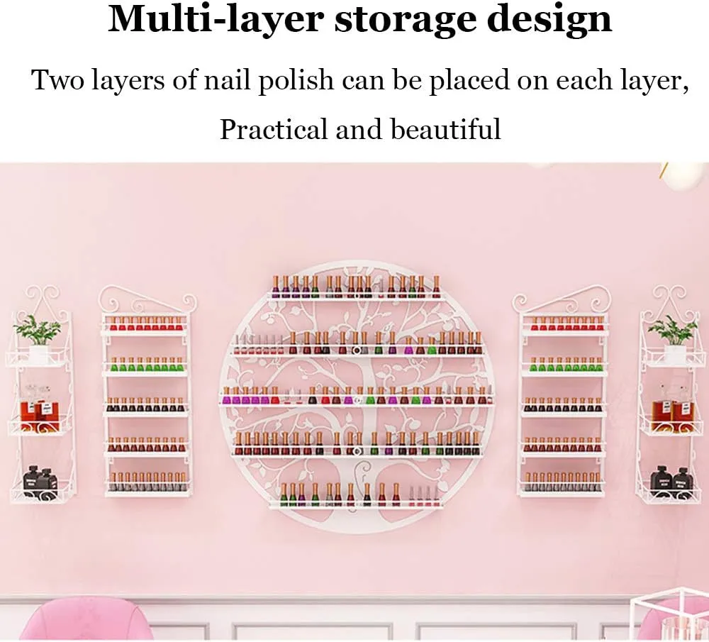 Storage Rack. Wall-Mounted 5-Layer Nail Polish Holder Essential Oil, Tree Silhouette Round Metal Salon Wall Hanging Art Display Stand,Lipstick Perfume Cosmetic, for Nail Salons/Retail Sho/Bla (White