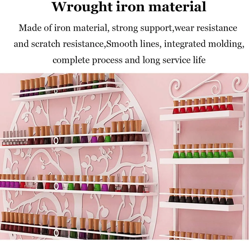 Storage Rack. Wall-Mounted 5-Layer Nail Polish Holder Essential Oil, Tree Silhouette Round Metal Salon Wall Hanging Art Display Stand,Lipstick Perfume Cosmetic, for Nail Salons/Retail Sho/Bla (White